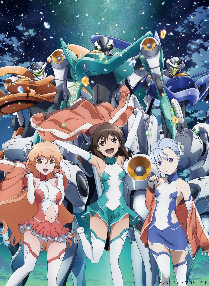 3girls, :d, absurdres, aqua_skirt, assault_visor, blue_hair, blue_skirt, boots