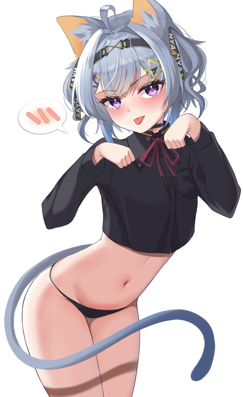 1girl, :p, absurdres, ahoge, animal_ears, black_choker, black_hairband, black_panties, black_shirt, blush, c_turtle, cat_ears, cat_girl, cat_tail, choker, collared_shirt, crop_top, cropped_shirt, dress_shirt, grey_hair, hair_bun, hair_intakes, hair_ornament, hairband, hairclip, highres, leaning_forward, long_sleeves, looking_at_viewer, medium_hair, navel, neck_ribbon, nijisanji, nijisanji_en, no_pants, panties, paw_pose, purple_eyes, red_ribbon, ribbon, shirt, simple_background, solo, star_(symbol), star_hair_ornament, string_panties, tail, tongue, tongue_out, underwear, virtual_youtuber, white_background, wing_collar, zaion_lanza