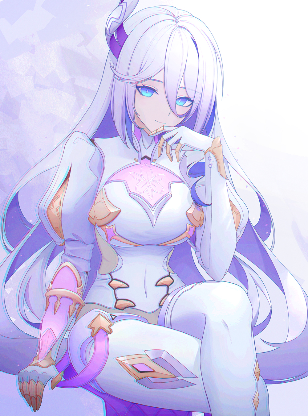1girl, arm_guards, asymmetrical_gloves, blue_eyes, blush, breasts, bright_pupils, chromatic_aberration