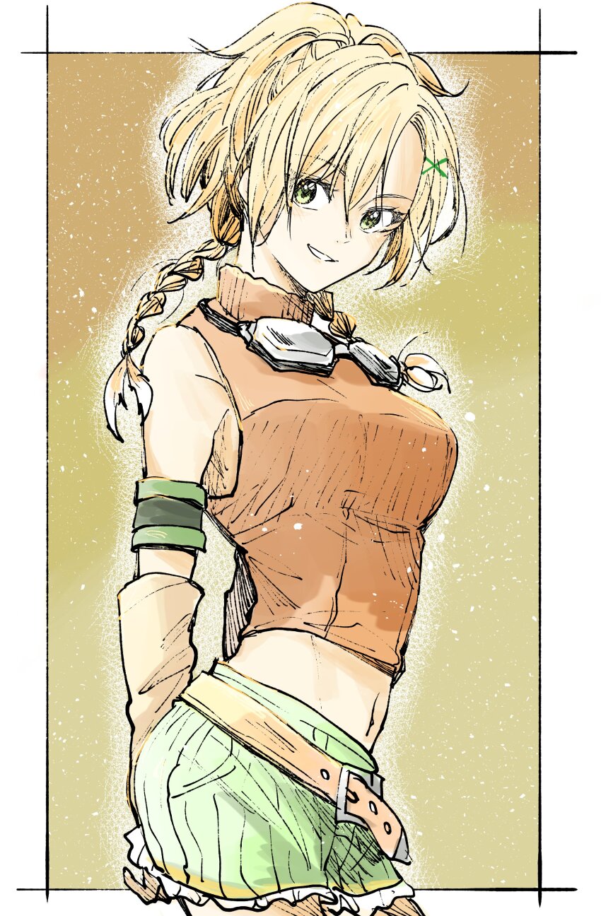 1girl, absurdres, arched_back, armband, arms_behind_back, bare_shoulders, belt, border