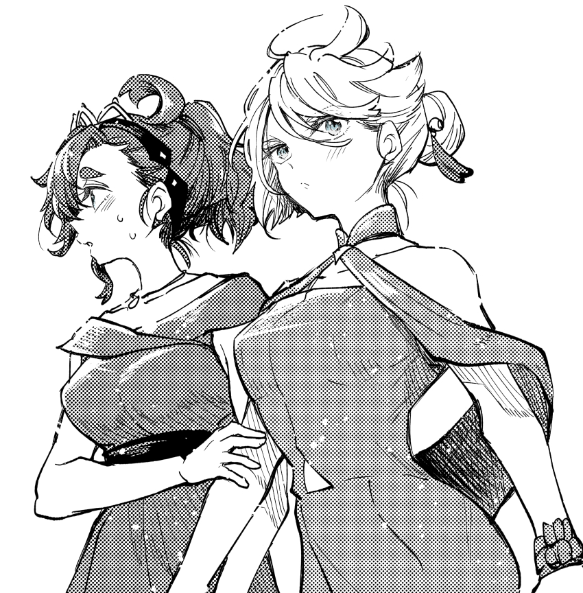 2girls, absurdres, ahoge, bare_shoulders, black_hairband, blush, breasts, clothing_cutout