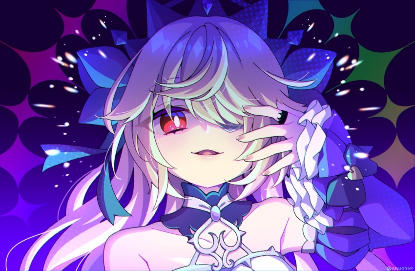 1girl, ayao_(axt1224), bare_shoulders, blonde_hair, bow, bowtie, breasts, collar, detached_sleeves, dress, evil_eyes, evil_smile, eyepatch, fischl_(ein_immernachtstraum)_(genshin_impact), fischl_(genshin_impact), frilled_dress, frilled_sleeves, frills, genshin_impact, green_eyes, hair_over_one_eye, hair_ribbon, jewelry, light, long_hair, long_sleeves, looking_at_viewer, medium_breasts, multicolored_background, official_alternate_costume, open_mouth, purple_bow, purple_bowtie, purple_dress, red_eyes, ribbon, ring, smile, solo, tiara