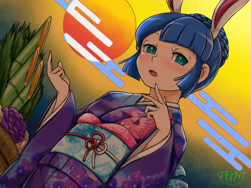 1girl, blue_eyes, blue_hair, blush, braid, cloud_print, doraemon, doraemon:_nobita_no_getsumen_tansaki, furisode, japanese_clothes, kadomatsu, ki, kimono, luna_(doraemon), moonlight, new_year, obi, parted_bangs, rabbit_ears, sash