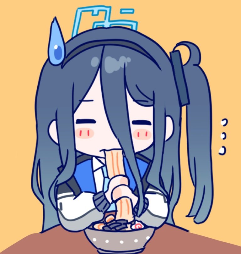 1girl, ai_drawing_anime_characters_eating_ramen_(meme), aris_(blue_archive), black_background, blue_archive, blue_necktie, blush, chibi