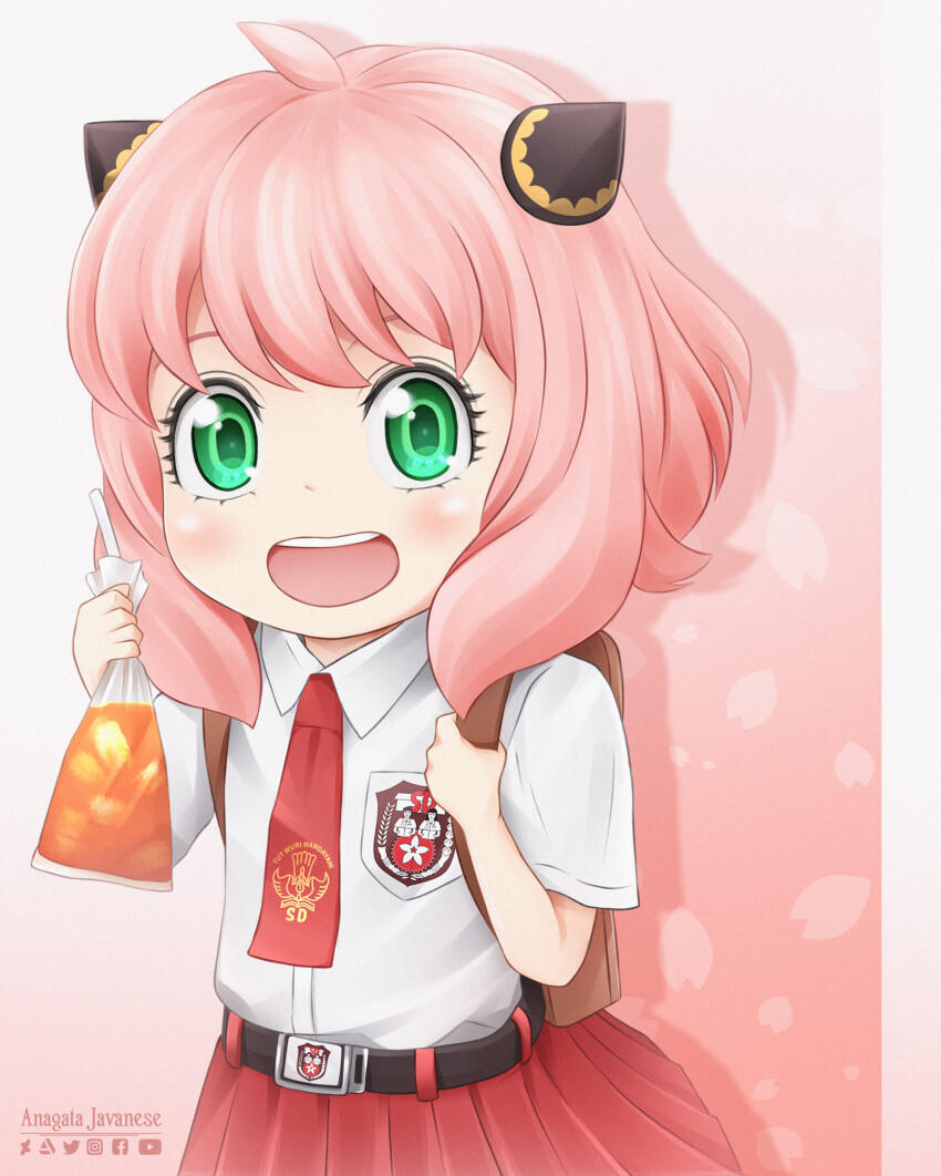 1girl, absurdres, anagatajavanese, anya_(spy_x_family), backpack, bag, belt, breast_pocket, brown_bag, child, green_eyes, hairpods, highres, indonesian_elementary_school_uniform, necktie, open_mouth, pink_hair, pocket, red_necktie, red_skirt, school_uniform, shirt, skirt, spy_x_family, twitter_logo