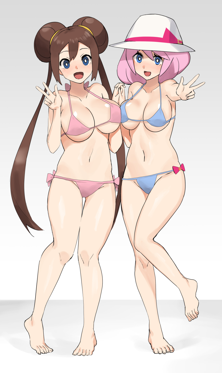 2girls, :d, absurdres, alternate_costume, barefoot, bikini, blue_bikini, blue_eyes