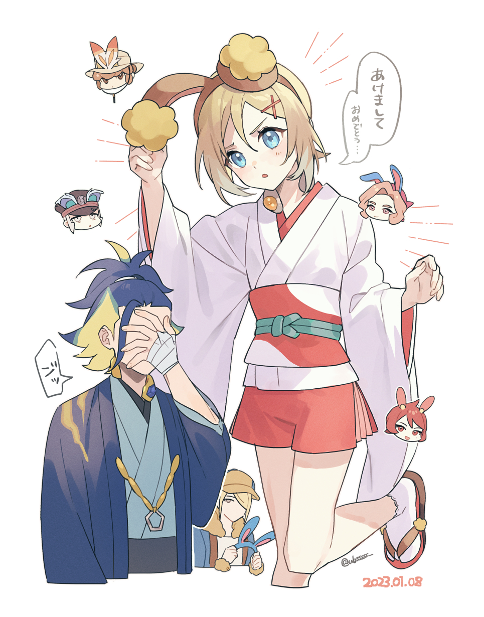 1girl, 2boys, adaman_(pokemon), arezu_(pokemon), blonde_hair, blue_eyes, blue_hair, blush