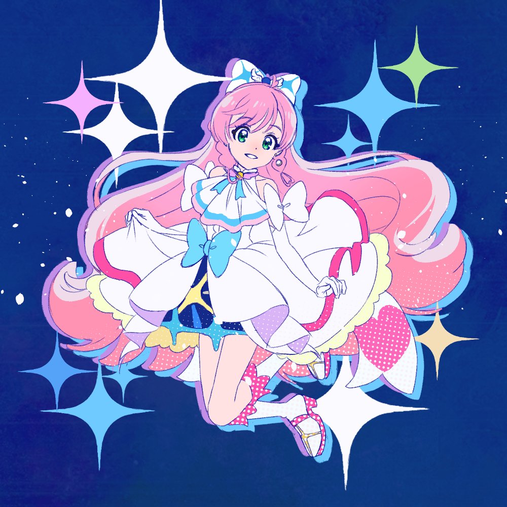 1girl, blue_bow, boots, bow, cure_prism, dress, earrings, elbow_gloves