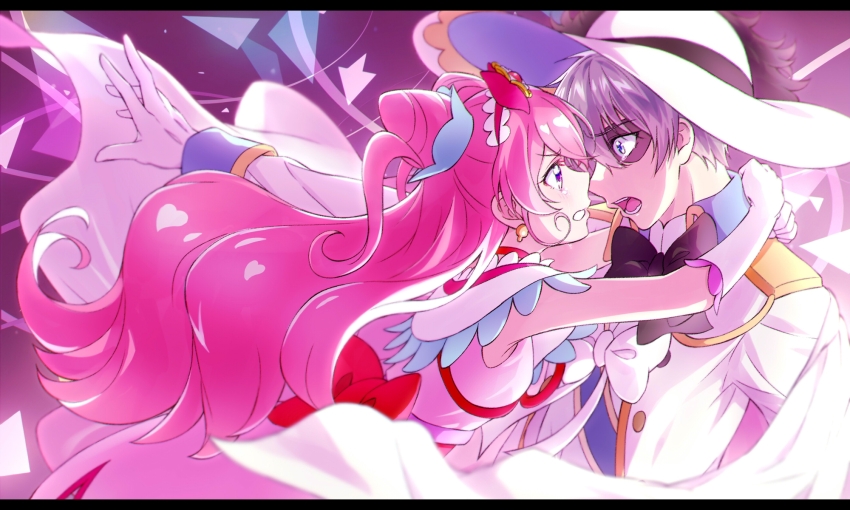 1boy, 1girl, black_bow, black_pepper_(precure), blue_eyes, bow, commentary_request, cone_hair_bun, cure_precious, delicious_party_precure, domino_mask, earrings, eye_mask, gloves, grey_hair, hair_bun, hetero, highres, hug, jewelry, kyoutsuugengo, long_hair, looking_at_another, magical_girl, mask, nagomi_yui, open_mouth, pink_hair, precure, purple_eyes, shinada_takumi, tears, two_side_up, white_bow, white_gloves, white_headwear