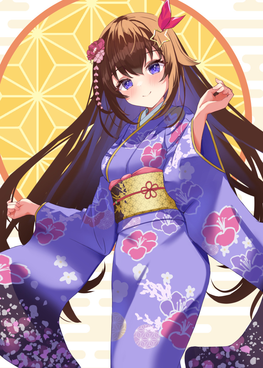 1girl, asa_no_ha_(pattern), blue_eyes, brown_hair, flower, hair_flaps, hair_flower, hair_ornament