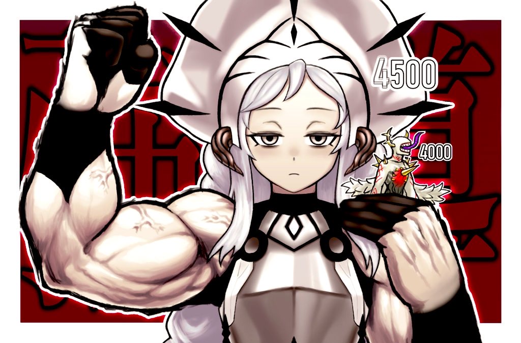 1boy, 1girl, armor, dogmatika_alba_zoa, duel_monster, expressionless, gameplay_mechanics, grey_eyes, grey_hair, hat, horns, long_hair, looking_at_viewer, monster, muscular, muscular_female, plate_armor, torso, translation_request, very_long_hair, white_hair, white_relic_of_dogmatika, yu-gi-oh!, zidai_okuraven