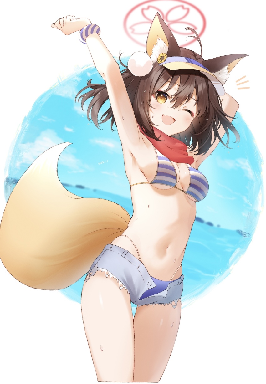1girl, animal_ear_fluff, animal_ears, armpits, arms_up, bikini, blue_archive, blush