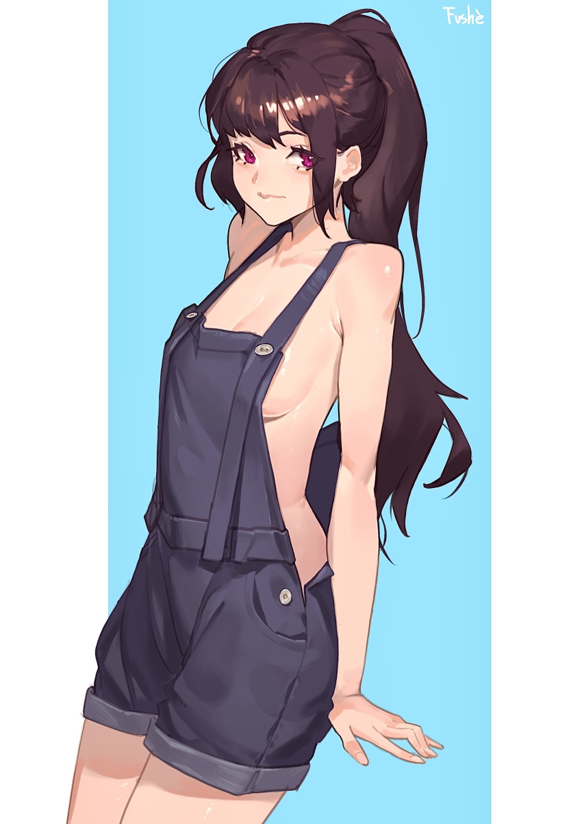 1girl, absurdres, artist_name, bare_arms, bare_shoulders, breasts, brown_hair, cleavage