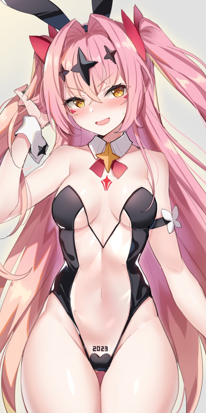 1girl, 2023, :d, absurdres, animal_ears, arm_strap, bare_shoulders, black_leotard, blush, bow, breasts, breasts_apart, covered_navel, cowboy_shot, detached_collar, epic_seven, facial_mark, fake_animal_ears, groin, hair_bow, hair_intakes, hand_up, highleg, highleg_leotard, highres, leotard, long_hair, looking_at_viewer, luluca_(epic_seven), medium_breasts, nose_blush, open_mouth, pink_hair, playboy_bunny, rabbit_ears, see-through_clothes, serin199, smile, solo, strapless, strapless_leotard, thigh_gap, thighs, top_model_luluca_(epic_seven), translucent_bunnysuit, two_side_up, v-shaped_eyebrows, very_long_hair, wrist_cuffs, yellow_eyes