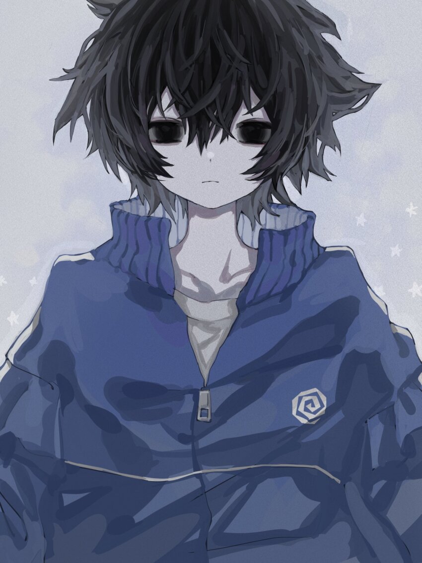 1girl, black_eyes, black_hair, blue_jacket, closed_mouth, female_focus, highres, jacket, looking_at_viewer, messy_hair, ninomae_(nnme_618), original, pale_skin, short_hair, solo, tomboy, track_jacket, upper_body, zipper_pull_tab
