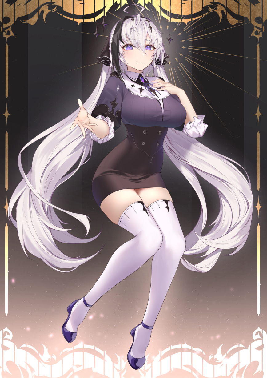 1girl, ahoge, black_hair, breasts, closed_mouth, dress, floating, hair_ornament