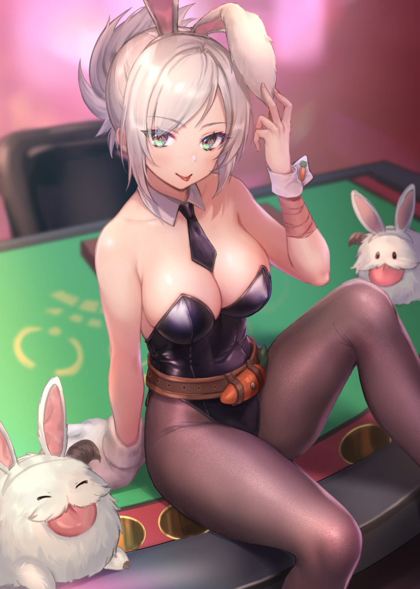 1girl, :p, bare_shoulders, battle_bunny_riven, belt, black_leotard, breasts, brown_belt