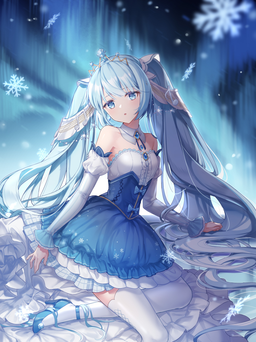 1girl, absurdres, aqua_eyes, aqua_hair, aurora, blue_footwear, commentary, detached_collar