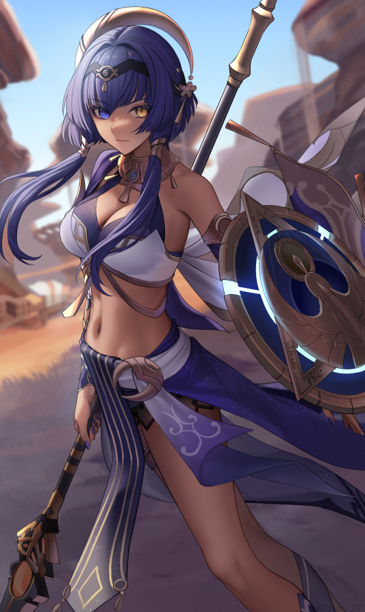 1girl, bare_legs, black_hairband, blue_eyes, blue_hair, blue_skirt, blue_sky, breasts, candace_(genshin_impact), cleavage, commentary, crop_top, dark_skin, day, feet_out_of_frame, genshin_impact, hairband, heterochromia, holding, holding_weapon, jewelry, large_breasts, long_hair, looking_at_viewer, low_twintails, midriff, navel, neck_ring, polearm, roki_(shouka65), shield, skirt, sky, solo, standing, stomach, thighs, twintails, weapon, yellow_eyes