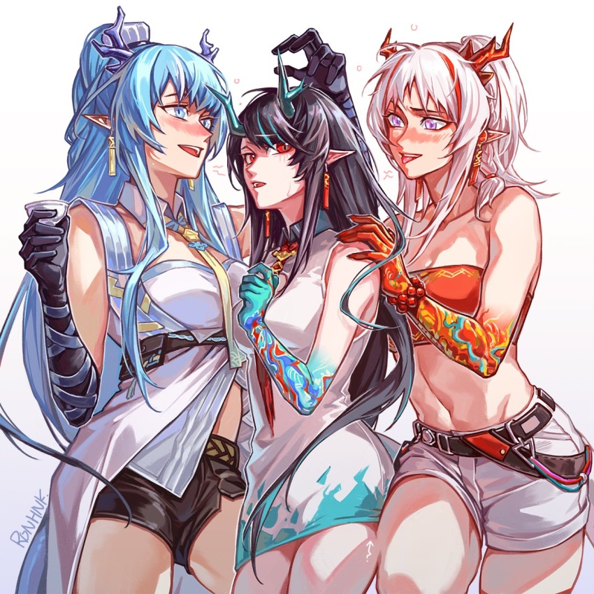3girls, :d, arknights, bandeau, bare_shoulders, black_hair, black_shorts, blue_eyes, blue_hair, blush, commentary_request, cowboy_shot, dress, dusk_(arknights), gradient_background, grey_background, highres, horns, lava_(darkxingblack), ling_(arknights), long_hair, midriff, multicolored_hair, multiple_girls, navel, nian_(arknights), nose_blush, open_mouth, pencil_dress, pointy_ears, purple_eyes, red_eyes, red_hair, shirt, short_shorts, shorts, siblings, sisters, sleeveless, sleeveless_dress, smile, standing, stomach, strapless, streaked_hair, tail, thighs, tongue, tongue_out, tube_top, very_long_hair, white_background, white_dress, white_hair, white_shirt, white_shorts