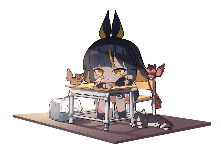 1girl, animal, animal_ears, bag, bird, black_hair, black_nails, black_sleeves