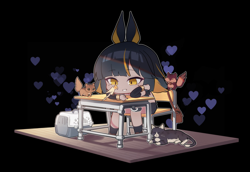 1girl, animal, animal_ears, bag, bird, black_background, black_hair, black_nails