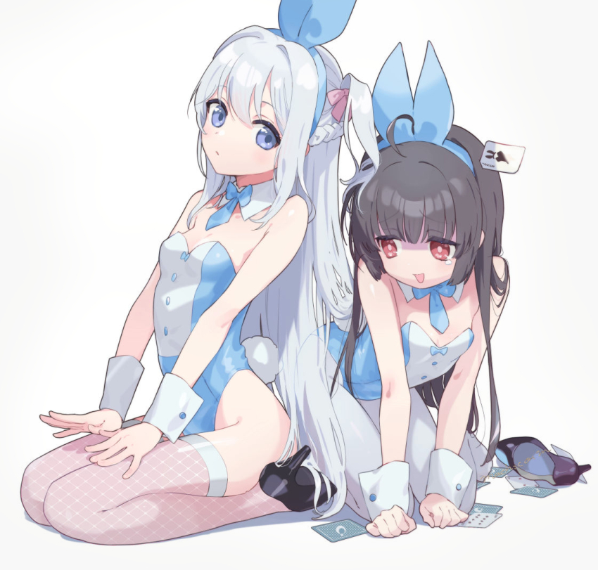 2girls, all_fours, animal_ears, black_footwear, black_hair, blue_archive, blue_eyes, blue_leotard