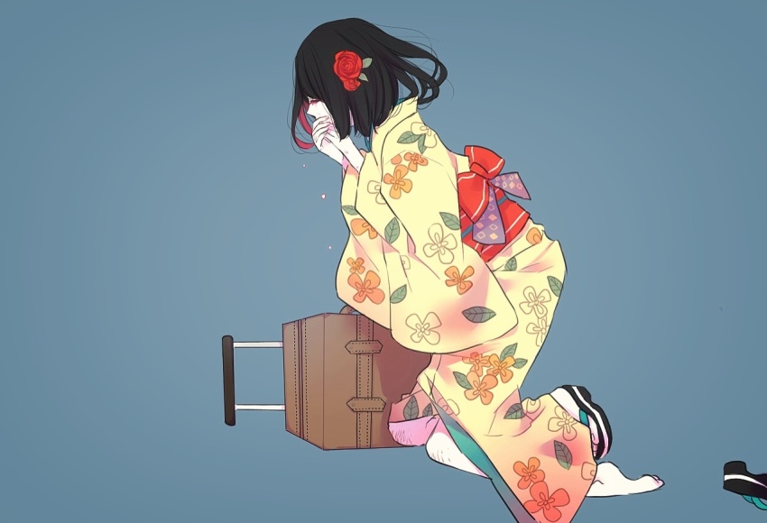 1girl, aqua_sandals, bag, barefoot, black_hair, black_sandals, blue_background, brown_bag