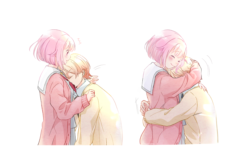 1boy, 1girl, blonde_hair, cardigan, closed_eyes, closed_mouth, hand_on_another's_back, hand_on_another's_head