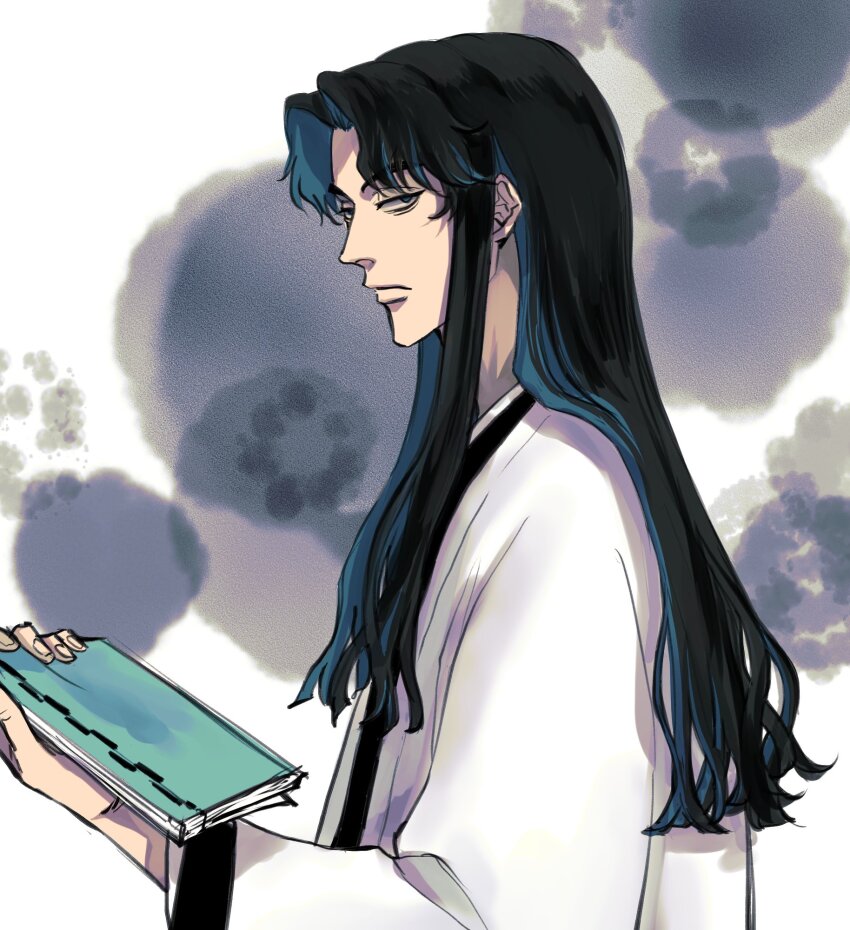 1boy, ai_(ai1470), black_hair, bleach, blue_hair, book, expressionless, highres