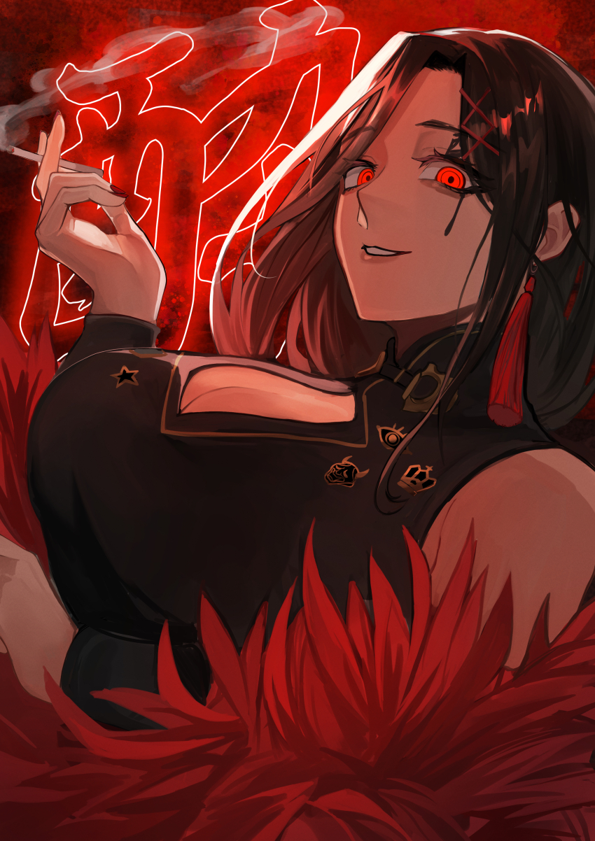 1girl, absurdres, bare_shoulders, black_hair, breasts, china_dress, chinese_clothes, cigarette, cleavage_cutout, clothing_cutout, dress, eyeshadow, highres, holding, holding_cigarette, large_breasts, long_hair, makeup, nekotokage, neon_lights, nijisanji, orange_eyes, orange_eyeshadow, shirayuki_tomoe, sleeveless, sleeveless_dress, smoking, solo, text_background, virtual_youtuber, vocaloid, yoidore_shirazu_(vocaloid)