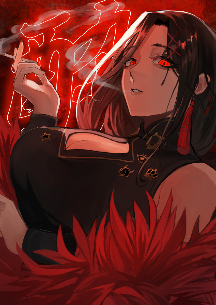 1girl, absurdres, bare_shoulders, black_hair, breasts, china_dress, chinese_clothes, cigarette, cleavage_cutout, clothing_cutout, dress, eyeshadow, highres, holding, holding_cigarette, large_breasts, long_hair, makeup, nekotokage, neon_lights, nijisanji, orange_eyes, orange_eyeshadow, shirayuki_tomoe, sleeveless, sleeveless_dress, smoking, solo, text_background, virtual_youtuber, vocaloid, yoidore_shirazu_(vocaloid)