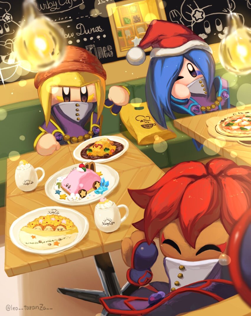 3girls, alternate_costume, beanie, blonde_hair, blue_hair, cake, car-mouth_cake, chalkboard, chef_kawasaki, closed_eyes, disembodied_hand, flamberge_(kirby), food, francisca_(kirby), hat, highres, kirby, kirby_star_allies, kirby_(series), kirby_cafe, leo_taranza, looking_at_viewer, multiple_girls, nintendo, one_eye_closed, rayman_limbs, red_hair, santa_hat, solid_oval_eyes, table, waddle_dee, zan_partizanne