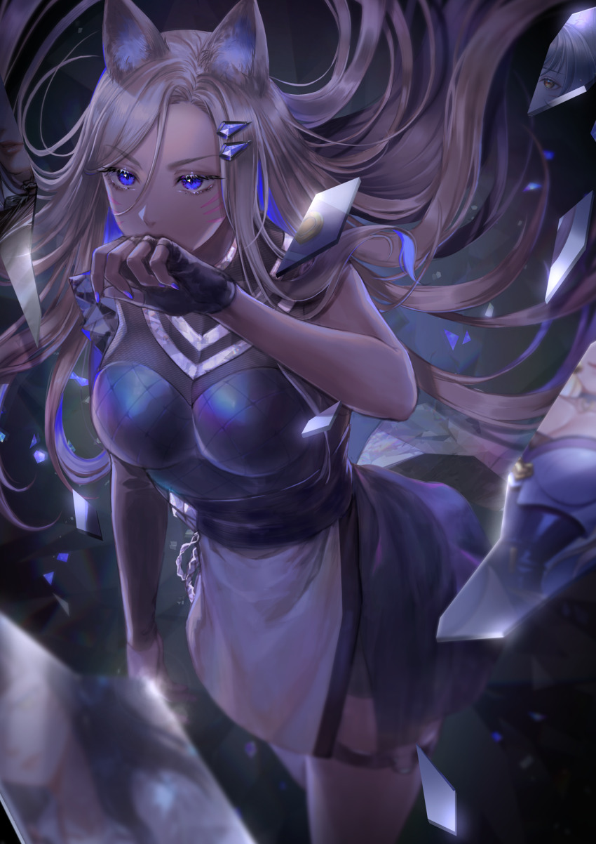 1girl, ahri_(league_of_legends), animal_ears, bare_shoulders, black_gloves, blonde_hair, blue_eyes, breasts