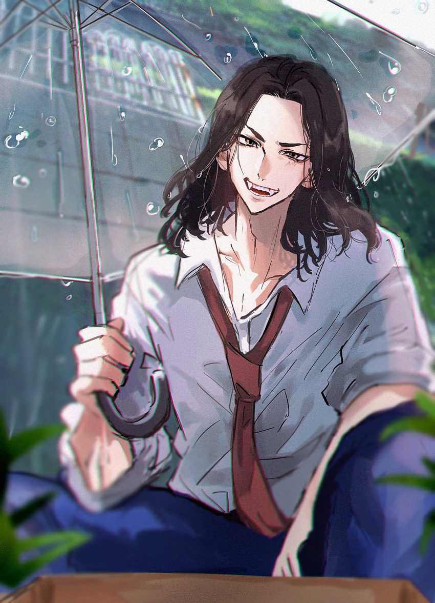 1boy, baji_keisuke, black_hair, blue_pants, hatopippi45, highres, holding, holding_umbrella