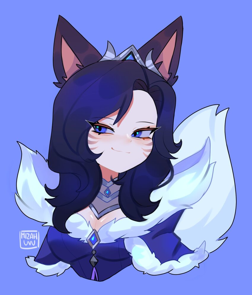 1girl, ahri_(league_of_legends), animal_ears, artist_name, black_hair, blue_background, blue_eyes, closed_mouth