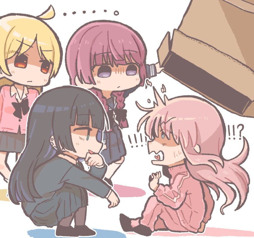 !, !!, !?, ..., 4girls, aged_down, ahoge, aqua_eyes, black_hair, black_serafuku, blazer, blonde_hair, blue_eyes, blunt_bangs, bocchi_the_rock!, box, braid, cardboard_box, cardigan, commentary_request, ear_piercing, gotoh_hitori, hair_between_eyes, hand_on_own_chin, henyomen, highres, hime_cut, hiroi_kikuri, ijichi_seika, jacket, long_hair, long_skirt, loose_necktie, multiple_girls, necktie, pa-san, pants, parted_bangs, piercing, pink_cardigan, pleated_skirt, purple_eyes, purple_hair, red_eyes, school_uniform, serafuku, sidelocks, skirt, squatting, stroking_own_chin, surprised, thinking, time_paradox, track_jacket, track_pants, twin_braids
