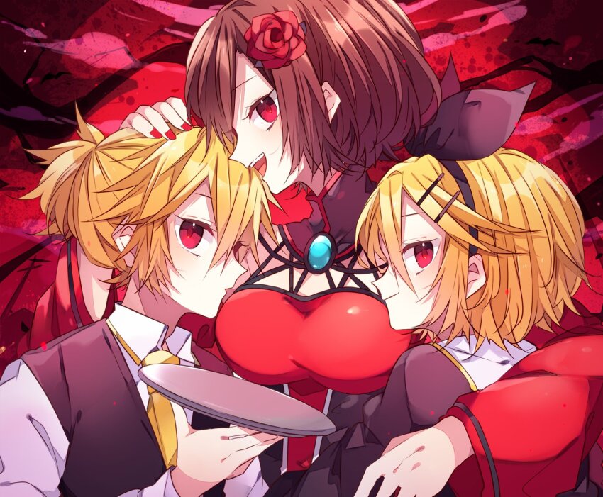 1boy, 1girl, akujiki_musume_conchita_(vocaloid), aqua_gem, arte_(evillious_nendaiki), banica_conchita, black_bow, black_dress