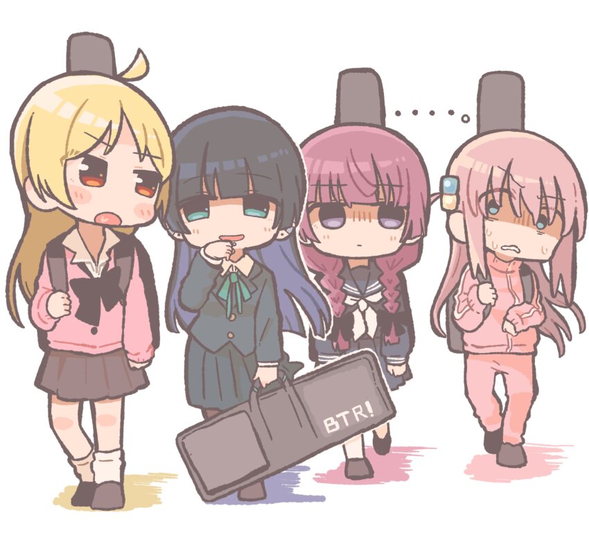 ..., 4girls, aged_down, ahoge, aqua_eyes, black_hair, black_serafuku, blazer, blonde_hair, blue_eyes, blunt_bangs, bocchi_the_rock!, bow, bowtie, braid, cardigan, carrying_bag, chin_piercing, commentary_request, cube_hair_ornament, ear_piercing, face_piercing, gotoh_hitori, guitar_case, hair_between_eyes, hair_bow, hair_ornament, henyomen, highres, hime_cut, hiroi_kikuri, ijichi_seika, instrument_case, jacket, labret_piercing, long_hair, loose_necktie, multiple_girls, neck_ribbon, necktie, nervous, one_side_up, open_mouth, pa-san, pants, parted_bangs, piercing, pink_cardigan, pink_hair, pleated_skirt, purple_hair, ribbon, school_uniform, serafuku, serious, sidelocks, simple_background, skirt, smug, socks, staring, time_paradox, track_jacket, track_pants, twin_braids, white_socks