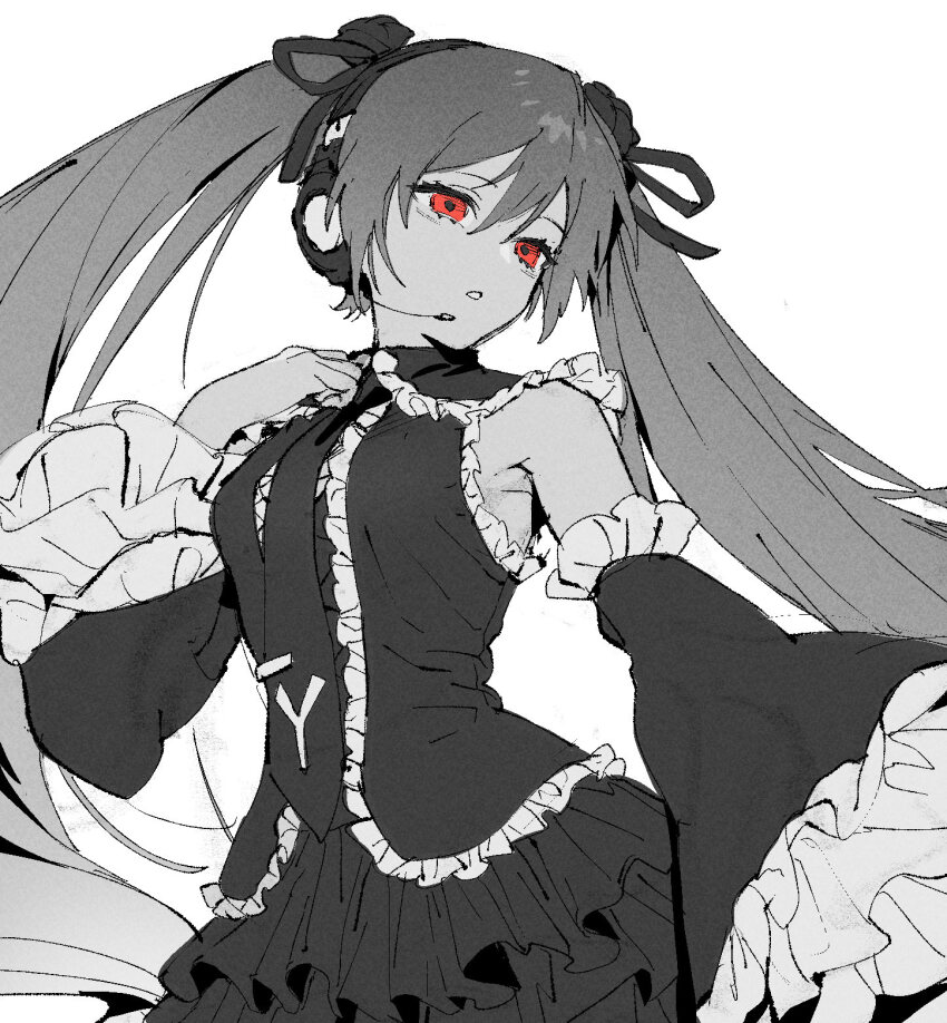 1girl, goth_fashion, hatsune_miku, hatsune_miku_no_gekishou_(vocaloid), highres, hatsune_miku_(infinity), microphone, monochrome