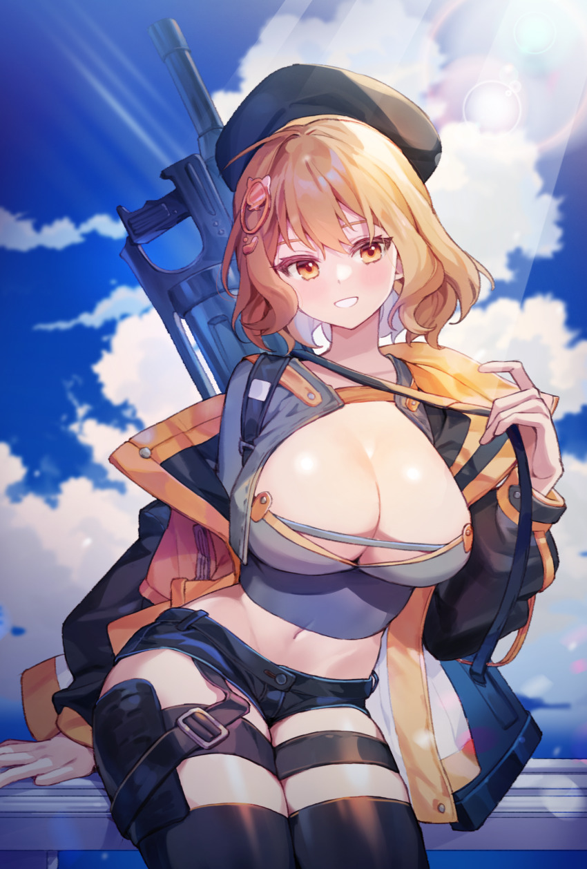 1girl, anis_(nikke), breasts, brown_eyes, brown_hair, cleavage, cloud, cloudy_sky, goddess_of_victory:_nikke, grenade_launcher, gun, gun_on_back, hat, highres, jacket, large_breasts, medium_hair, open_clothes, open_jacket, revolver_grenade_launcher, sha_(nz2), short_shorts, shorts, sitting, sky, smile, solo, standing, weapon, weapon_on_back