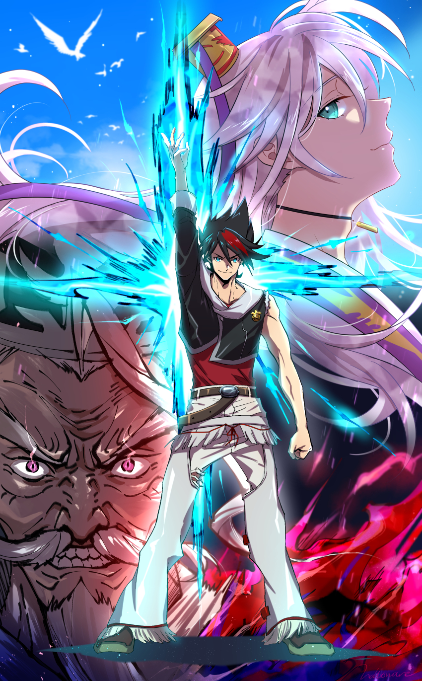 3boys, absurdres, adam's_apple, ahoge, appleruby, arm_up, aura, back_arrow