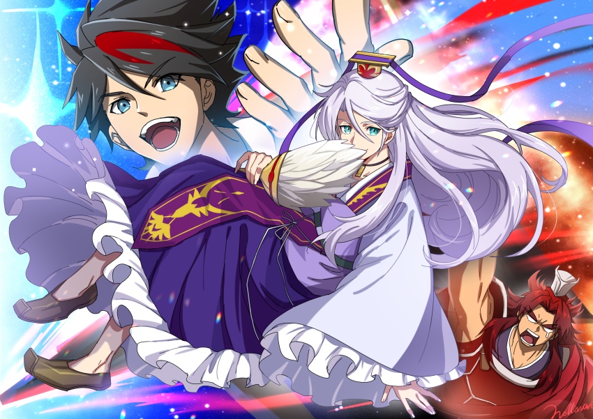 3boys, :d, :o, absurdres, appleruby, back_arrow, back_arrow_(character), black_hair