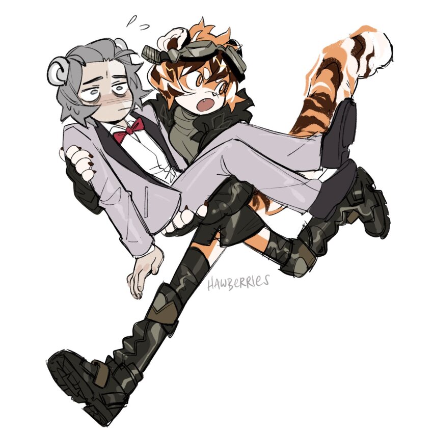 animal_ears, arknights, blush, carrying, carrying_person, furry, furry_female, furry_with_non-furry