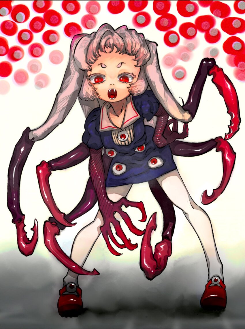 1girl, arthropod_limbs, blue_dress, claws, colored_eyelashes, colored_skin, dress, extra_eyes