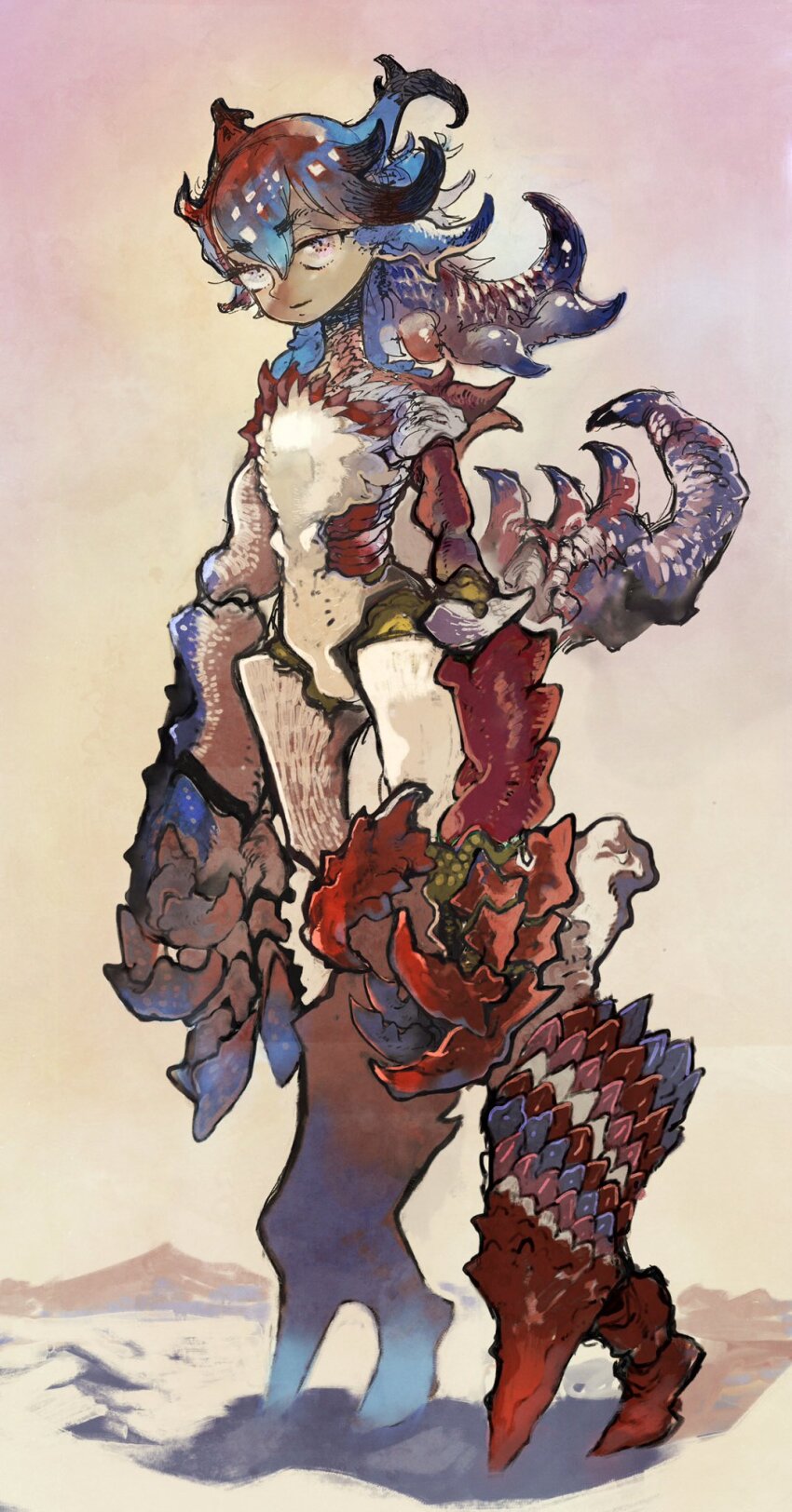 1girl, arthropod_girl, blue_hair, blue_skin, brown_background, carapace, claws, closed_mouth