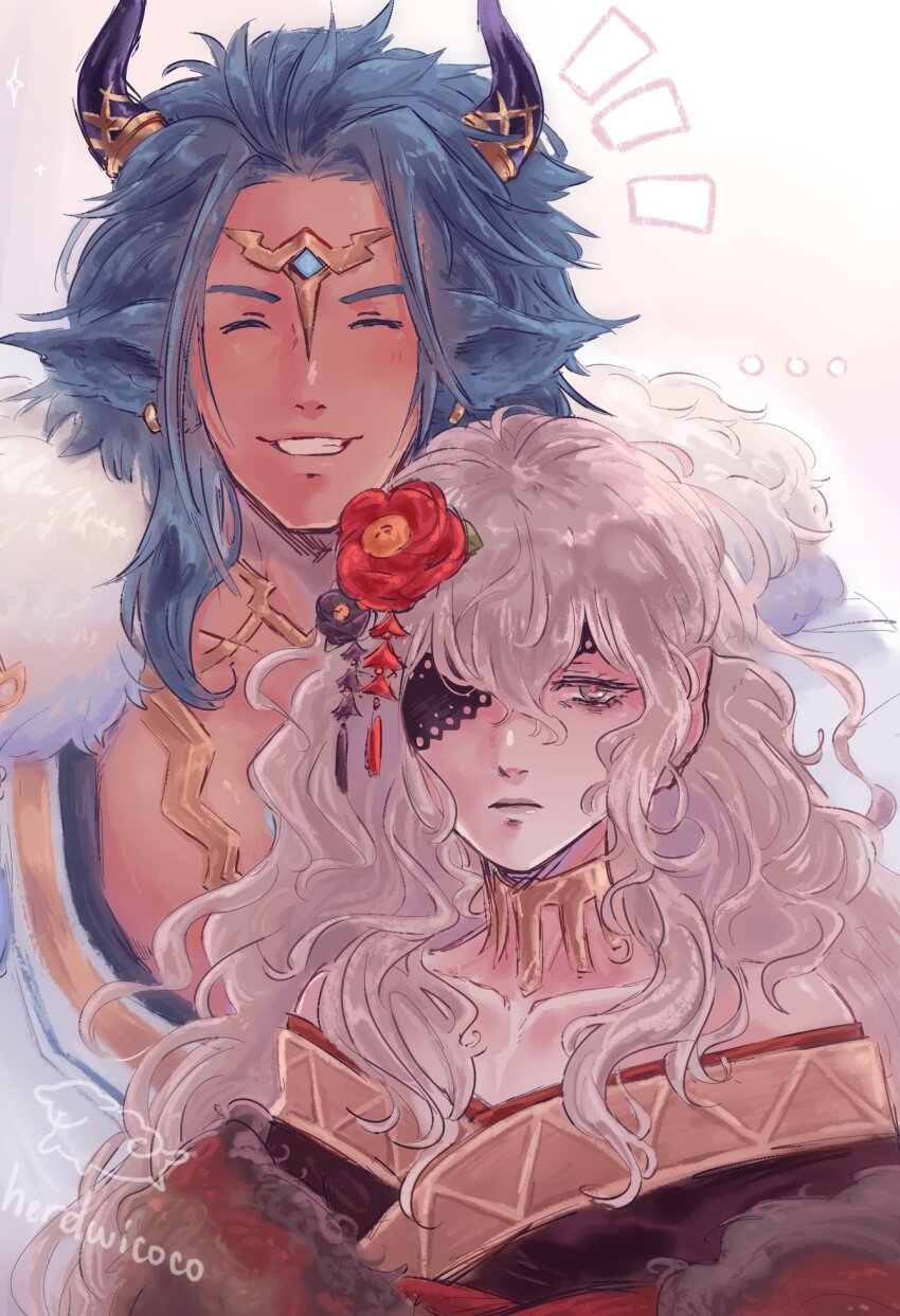 ..., animal_ears, askr_(fire_emblem), askr_(new_year)_(fire_emblem), blue_hair, closed_eyes, cow_ears, cow_horns