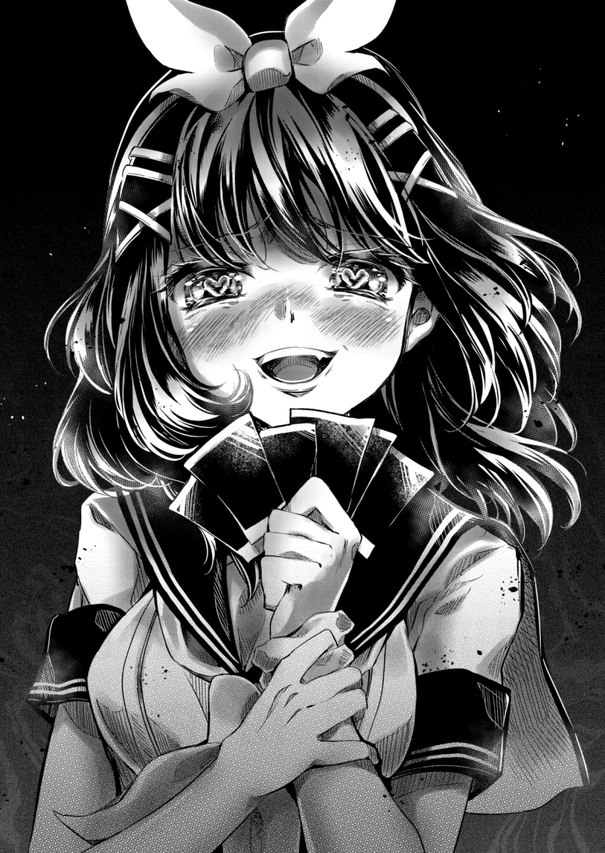 1girl, black_hair, bow, comic, commentary, english_commentary, greyscale, hair_ribbon