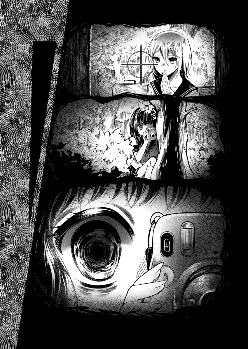 2girls, bag, black_hair, bow, camera, comic, commentary, english_commentary