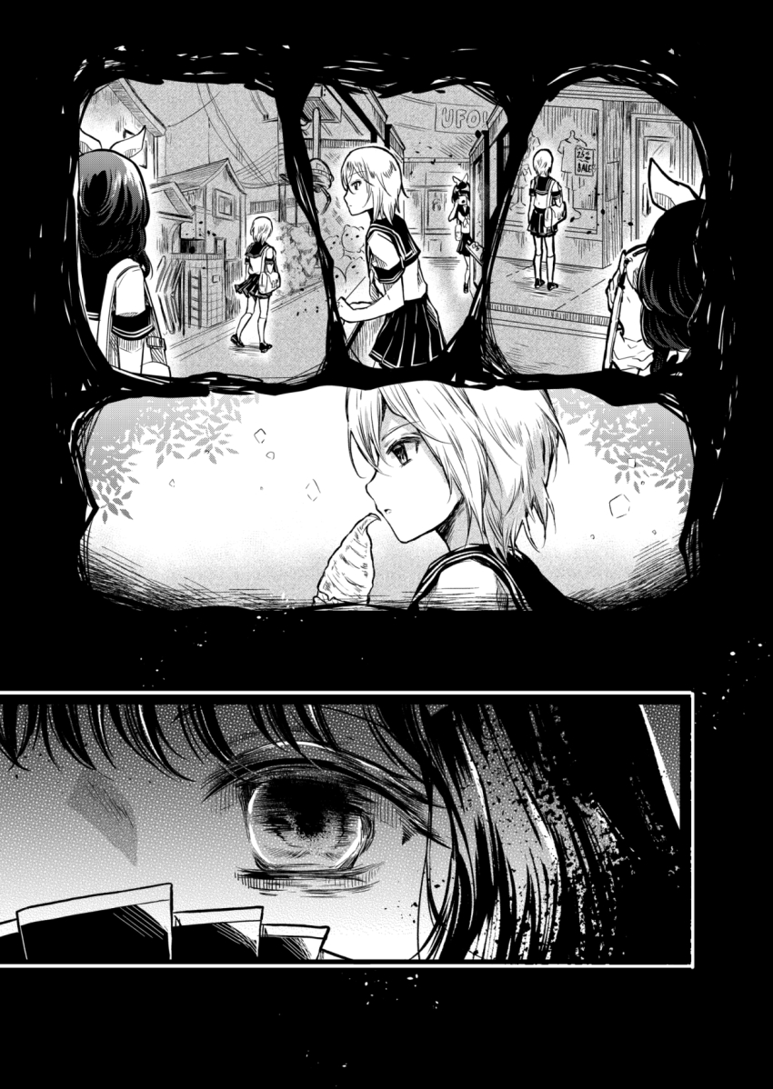 2girls, bag, black_hair, bow, comic, commentary, english_commentary, food